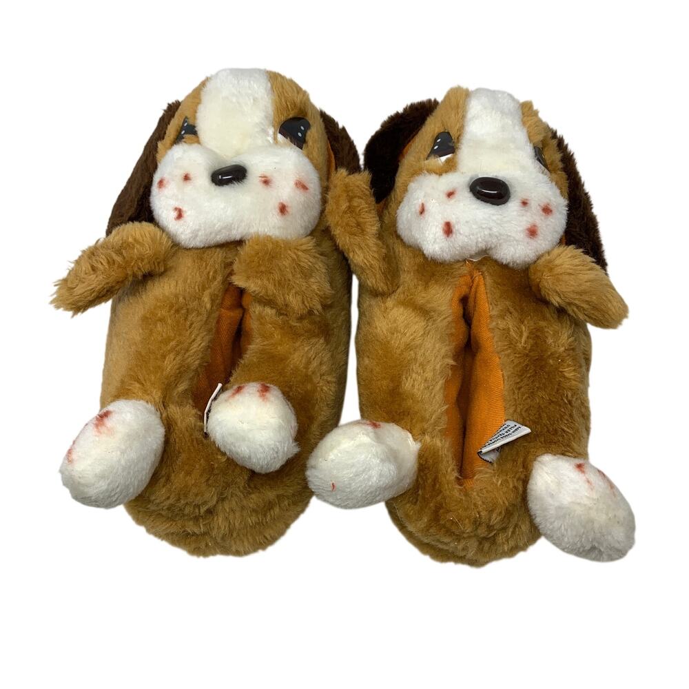 Vintage Puppy Dog Plush Slippers Brown Novelty House Shoes Adult 7-8 Unisex Cute